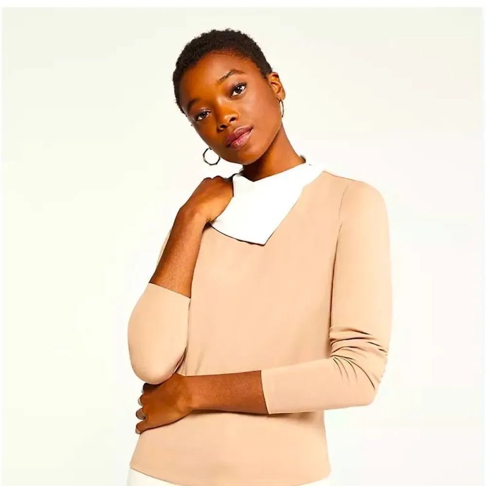 Ann Taylor Natural Teak Color Block Fold-Over Neck Sweater